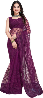 KV Fashion Embroidered Bollywood Net Saree(Purple)