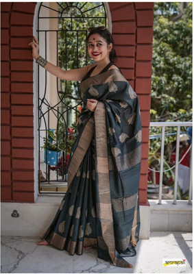 MIRMAN Woven Kanjivaram Pure Cotton Saree(Black)