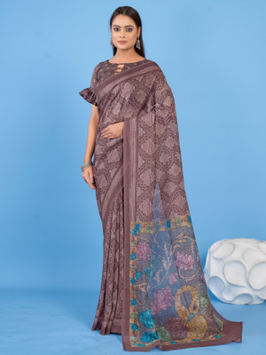 Divastri Printed Daily Wear Linen Saree(Brown)
