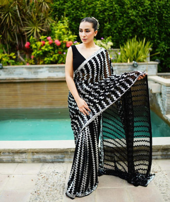 Arena fab Self Design Bollywood Georgette Saree(Black, White)