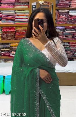 ShiVAdit Ethnic Embroidered Banarasi Georgette, Chiffon Saree(Green)