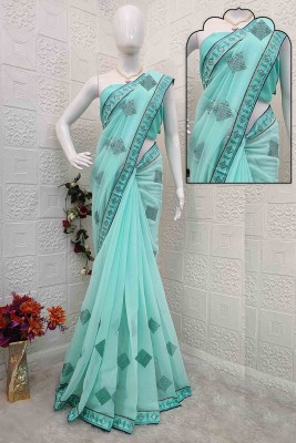 kastbhanjan nx Embroidered, Self Design, Temple Border Bollywood Chiffon Saree(Light Blue)