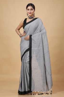 Oishani Saree Ghor Self Design Handloom Cotton Blend Saree(Grey)