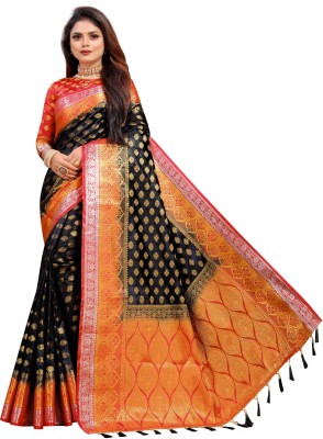 DHRUVIL TEXTILES Woven Banarasi Cotton Silk Saree(Black, Orange)