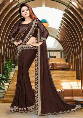 HNC Retail Temple Border, Solid/Plain Bollywood Lycra Blend, Chiffon Saree(Brown)