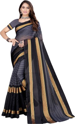 Silkbazar Striped Bandhani Cotton Silk Saree(Black)