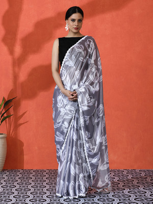 Sangria Printed Daily Wear Satin Saree(Grey)