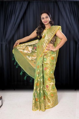 UNIQUEWEAR Embellished Bollywood Organza, Silk Blend Saree(Light Green)