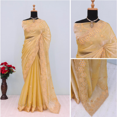 KHRITI FAB Embroidered Bollywood Jimmy choo Saree(Beige)