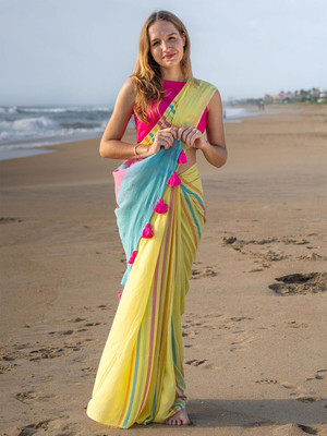 FEMORI Printed Bollywood Cotton Linen Saree(Yellow)