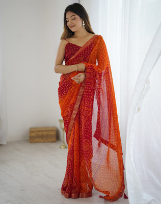 Samah Printed Bandhani Chiffon, Georgette Saree(Orange, Red)