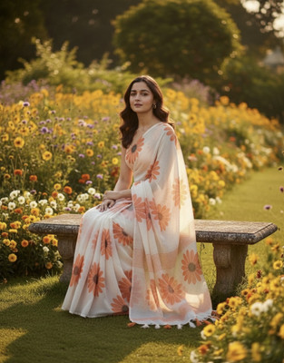 SAKHA DESIGNER Printed Bollywood Art Silk Saree(White, Orange)