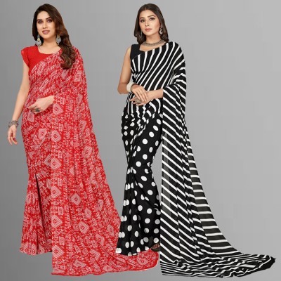 Anand Sarees Floral Print, Polka Print, Ombre, Printed Bollywood Georgette Saree(Pack of 2, Black, Red)