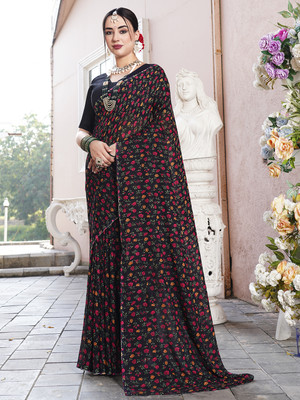 ANOUK Printed Daily Wear Georgette Saree(Black)