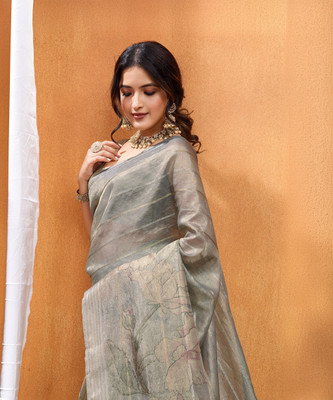 Tasrika Floral Print, Embellished, Striped Bollywood Tissue Saree(Grey)