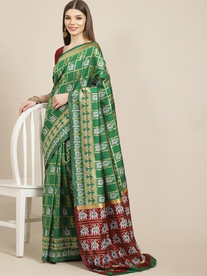 KAVINDI Self Design Patola Cotton Silk Saree(Green, Maroon, White)