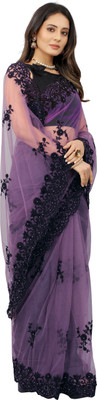 Barkiya Creation Embroidered Bollywood Net Saree(Purple, Black)