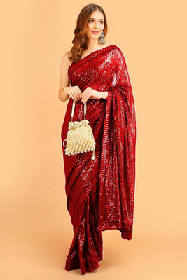 MADHUR HAND WORK ART Embroidered Bollywood Georgette Saree(Red)