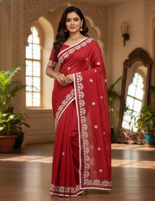BAIBHABI Applique Daily Wear Cotton Blend Saree(Maroon, Red)