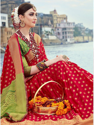 Ethnic Junction Embellished Banarasi Silk Blend Saree(Red)