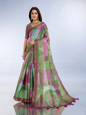 NENU FASHEN Geometric Print, Printed Bollywood Silk Blend Saree(Green)