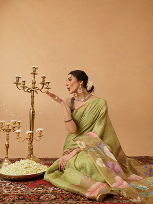 SILK ZONE Digital Print Banarasi Cotton Blend Saree(Light Green)