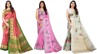 Nirvaan Printed Bollywood Art Silk Saree(Pack of 3, Pink, Light Blue)