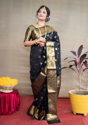 HouseOfCommon Self Design Paithani Jacquard Saree(Black)