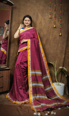 Bikash Dutta Fashion Self Design Handloom Cotton Blend Saree(Brown)