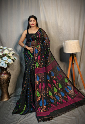 RSN SHREE Self Design Handloom Cotton Silk Saree(Black)