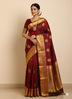 ROOP LAVANYA Woven, Floral Print, Temple Border Kanjivaram Cotton Silk Saree(Maroon)