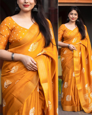 HouseOfCommon Printed Hand Batik Cotton Silk Saree(Yellow)