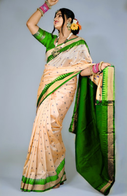 Sijileen Temple Border, Woven Sambalpuri Silk Blend Saree(Cream)