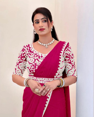 RamKrupa Creation Embellished, Solid/Plain Bhagalpuri Silk Blend Saree(Pink)
