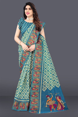 HouseOfCommon Geometric Print Bandhani Cotton Linen Saree(Multicolor)