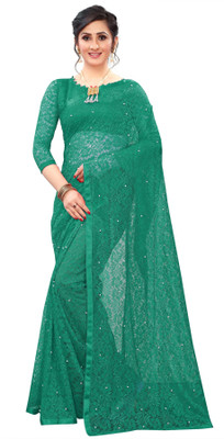 LOROFY Embellished Bollywood Net Saree(Dark Green)