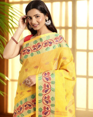 Desh Bidesh Woven, Solid/Plain, Self Design Handloom Handloom Cotton Blend, Pure Cotton Saree(Yellow)