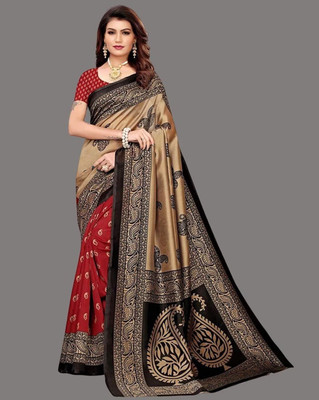 Grubstaker Printed Assam Silk Art Silk Saree(Maroon, Black)