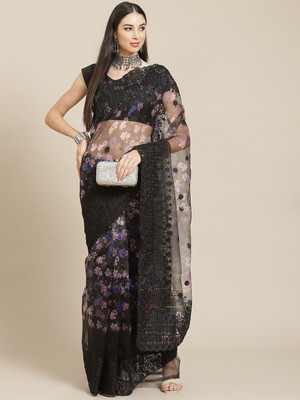 ANOUK Embroidered Chanderi Net Saree(Black)