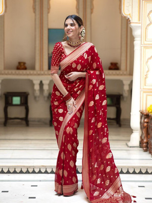 PK SAREES Woven Banarasi Jacquard Saree(Red)