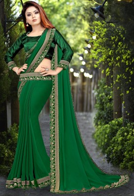 Suvali Fashion Temple Border Banarasi Lycra Blend, Chiffon Saree(Green)