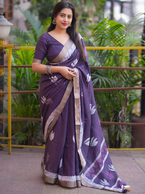 Tasrika Printed Bollywood Linen Saree(Purple)