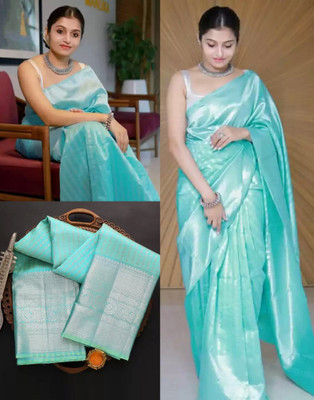 Samah Woven, Embellished, Self Design Kanjivaram Silk Blend, Jacquard Saree(Light Blue)