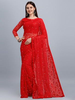 LOROFY Self Design Bollywood Net Saree(Red)