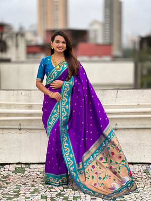 SICHYAH Woven, Self Design Paithani Pure Silk Saree(Purple)