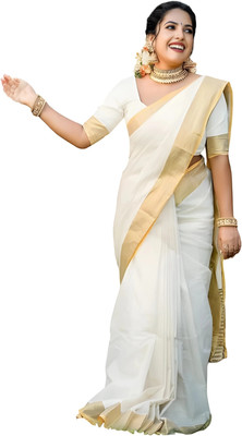 KHODIYAR TRENDZ Woven Kasavu Cotton Blend, Pure Cotton Saree(White)