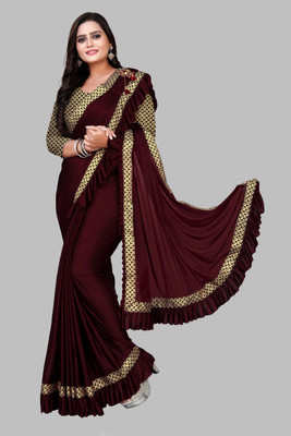 HouseOfCommon Solid/Plain Bollywood Lycra Blend Saree(Maroon)