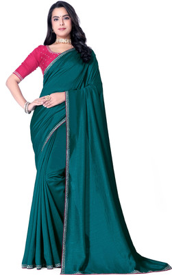 radhe creation Solid/Plain Bollywood Silk Blend Saree(Green)