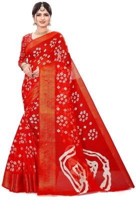 Harshiv Enterprise Printed Bandhani Cotton Blend Saree(Red)