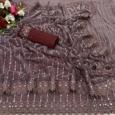 Online Bazaaar Applique Bollywood Lycra Blend Saree(Maroon)